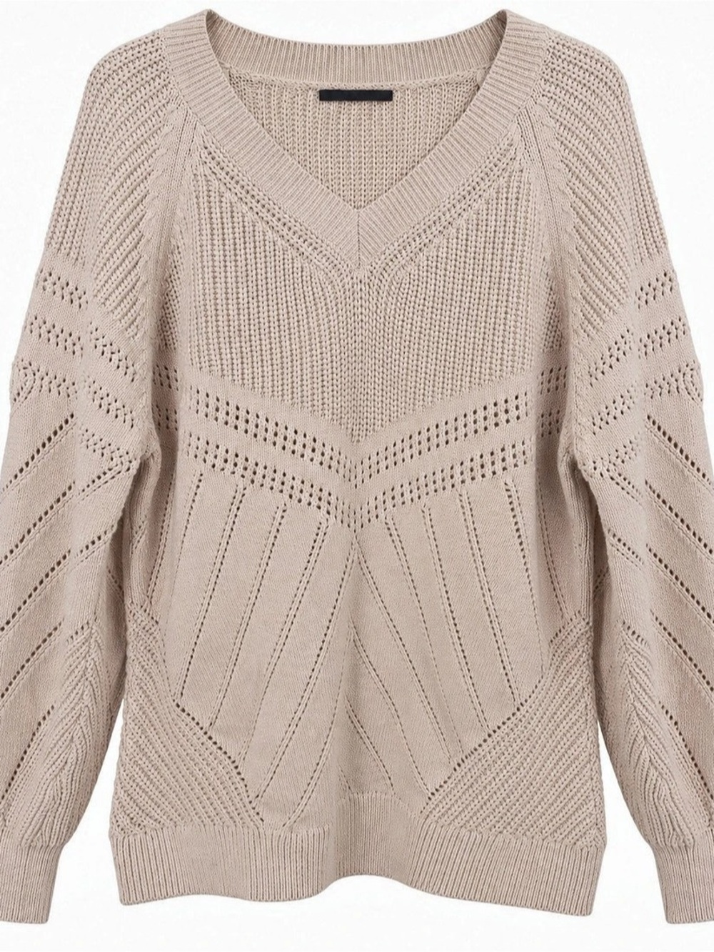 M&S Collection Beige Pointelle V-Neck Knit Sweater Women’s Size M Cotton Blend